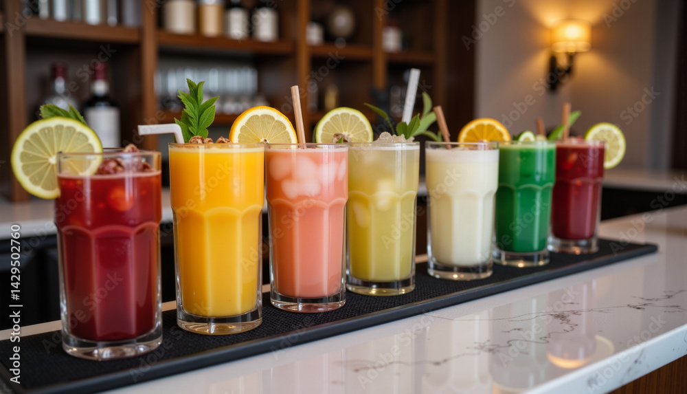 Colorful variety of refreshing cocktails lined up on a bar counter with lemon and mint garnishes, showcasing a vibrant atmosphere for a women’s sports bar concept