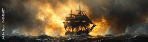 Wallpaper Mural A majestic sailing ship navigating turbulent seas during a storm. The ship is silhouetted against a dramatic sky, evoking a sense of adventure and challenge Torontodigital.ca