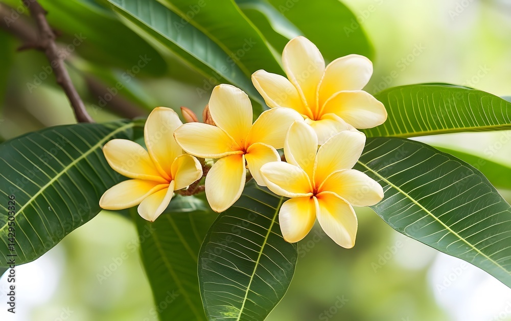 Fototapeta premium Stunning Yellow Plumeria Flowers on Lush Green Leaves