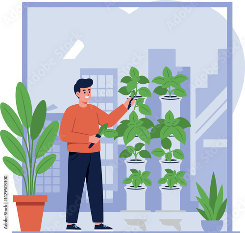Man Caring for Indoor Plants with Green Leaves in Modern Apartment Vector Illustration 