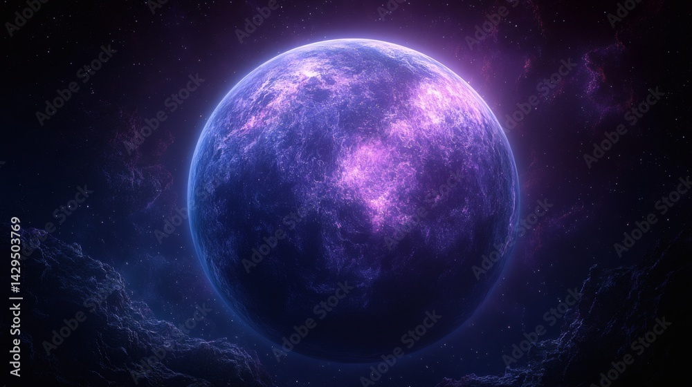 Obraz premium Mysterious purple planet glowing in outer space. A celestial orb with mesmerizing clouds