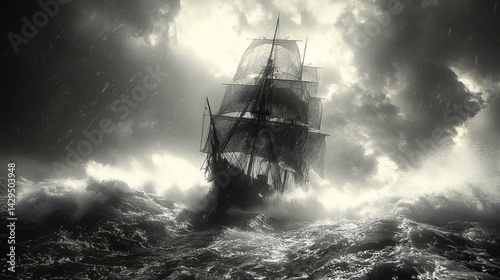 A majestic sailing ship battles through a raging storm on the open sea. The image evokes feelings of strength, struggle, and the indomitable spirit of exploration. 