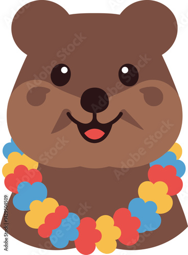 Cute brown bear with colorful floral lei vector illustration for children and nature themes 