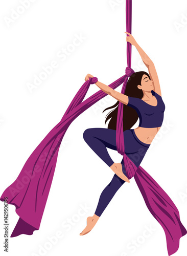 Woman performing aerial silk dance with purple fabric in fitness and flexibility exercise 