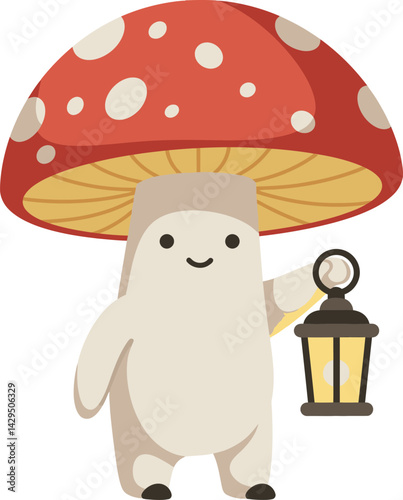 Cute mushroom character holding lantern with red and white spotted cap vector illustration 