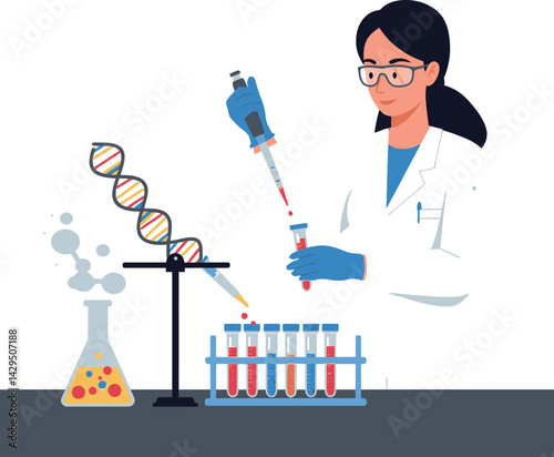 Female scientist conducting genetic research in laboratory with test tubes and dna model vector illustration 
