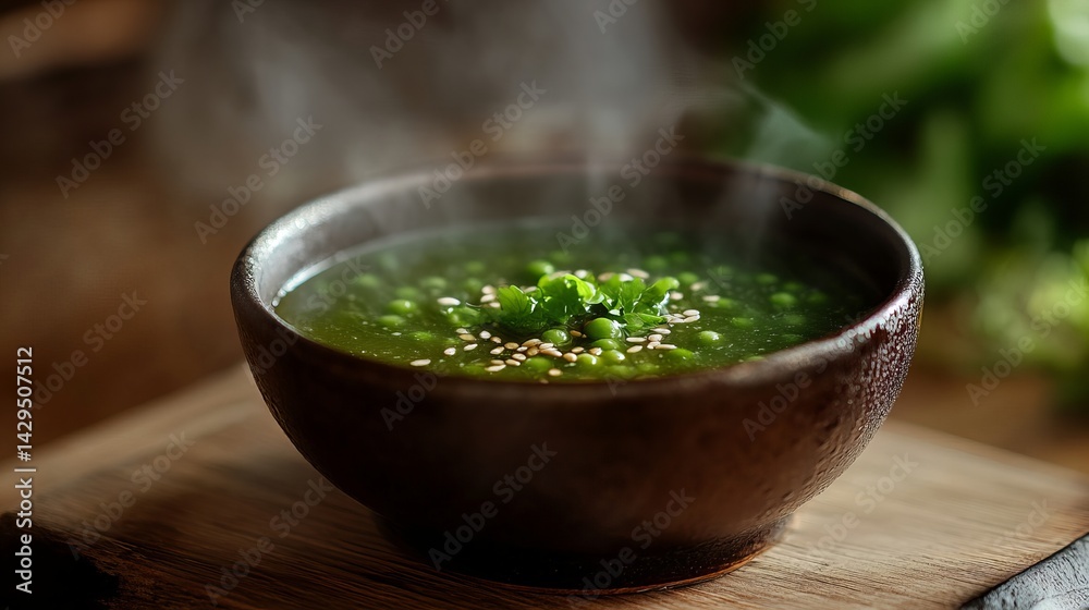 Delicious Steaming Hot Green Pea Soup in Rustic Bowl Healthy Food Photography Vibrant Green Colors Natural Light Sesame Seeds Garnish Wooden Delicious Steaming Hot Green Pea Soup in Rustic Bowl Healthy Food Photography Vibrant Green Colors Natural Light Sesame Seeds Garnish Wooden
