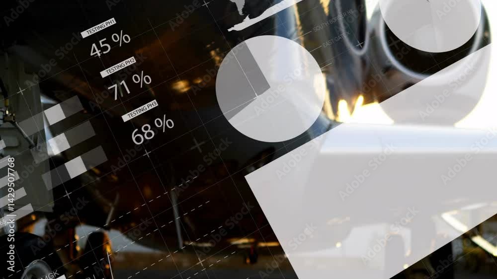 Aircraft engine intake being animated in 3D render, with map overlays, grid lines and pie charts Aircraft engine intake being animated in 3D render, with map overlays, grid lines and pie charts