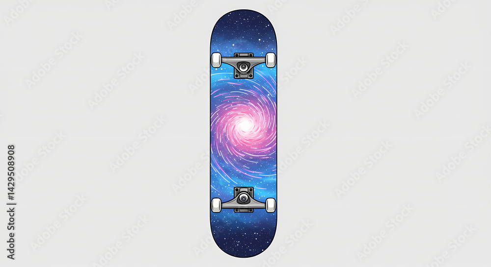 Skateboard with galaxy design on a plain background