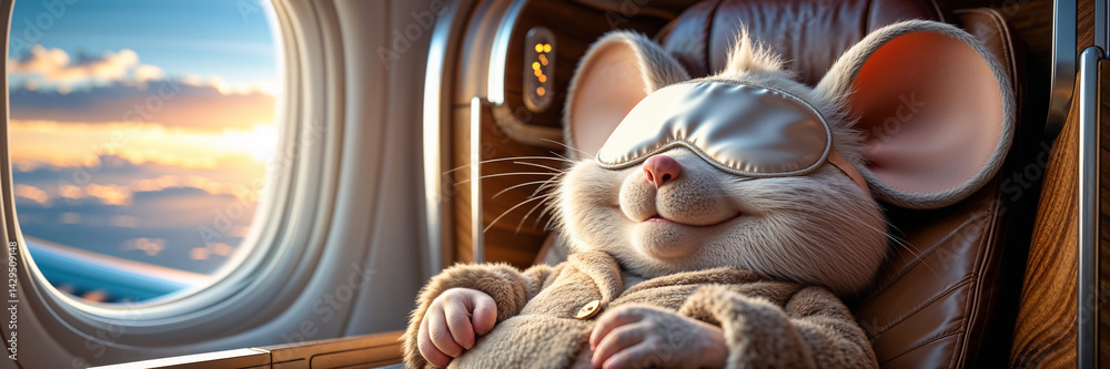 cute cartoon mouse sleeps with sleep mask on plane