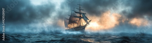 An old ship sailing through a stormy sea under a moody sky, evocative of adventure and exploration