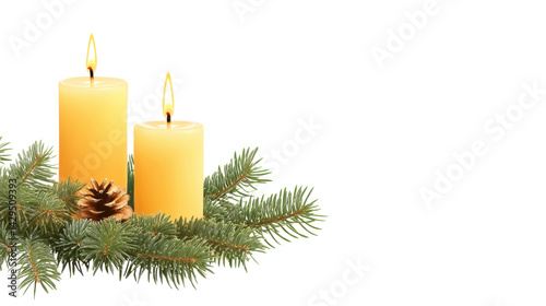 Warm Christmas Candle with Fir Tree Branches and Festive Holiday Decor isolated on white background