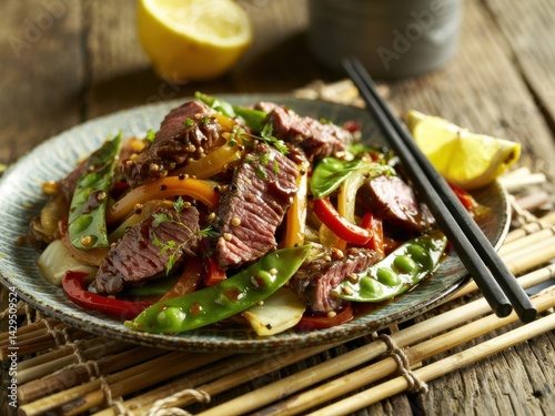 Delicious stir-fried beef with colorful vegetables served on a plate with chopsticks and lemon wedges