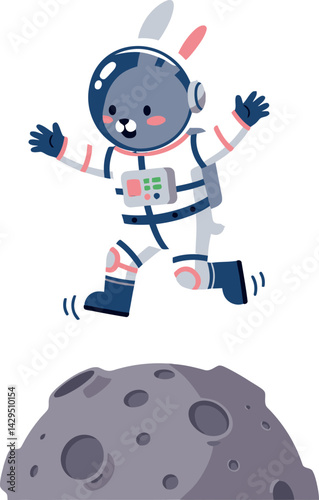 Cute astronaut bunny jumping on gray moon crater in space vector illustration 