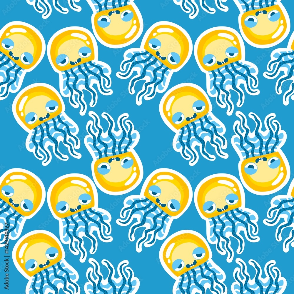 Fototapeta premium Summer ocean animals seamless jelly fish pattern for wrapping paper and kids clothes print and party accessories
