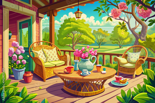 vector of Wicker furniture and tea set enjoying spring on the porch
