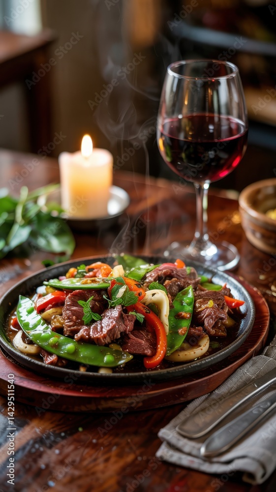 Sizzling beef fajitas served on a hot platter with colorful vegetables and a glass of red wine on a rustic table Sizzling beef fajitas served on a hot platter with colorful vegetables and a glass of red wine on a rustic table