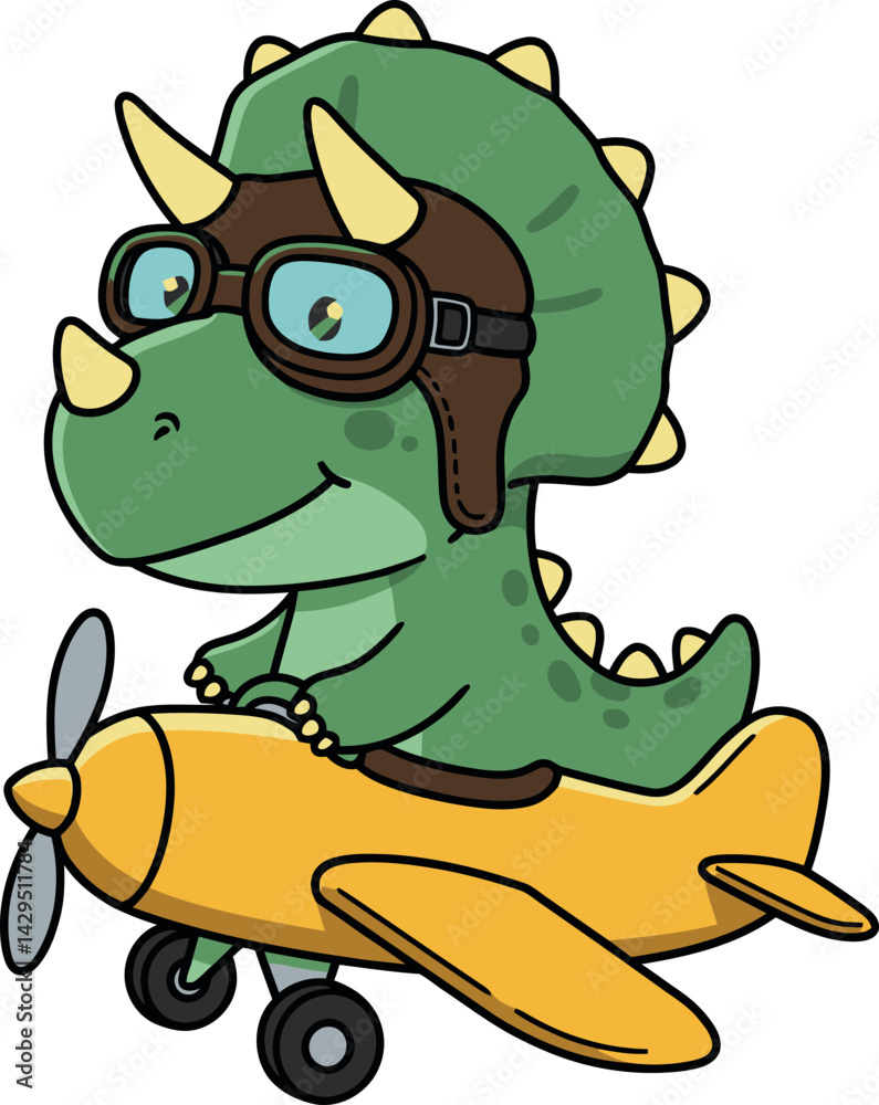 Obraz premium Cute green dinosaur pilot flying yellow airplane cartoon vector illustration 