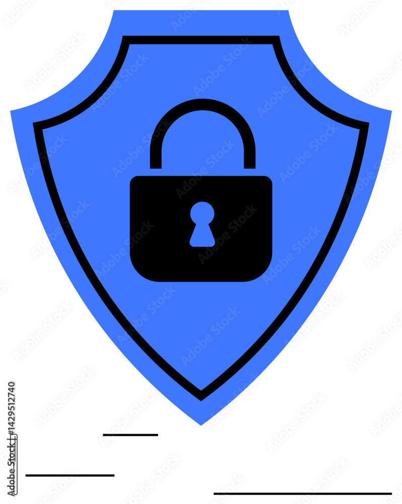 Blue shield enclosing black padlock signifies security, protection, and data privacy. Ideal for cybersecurity, protection, trust, data safety, antivirus security systems network safety. Flat simple Blue shield enclosing black padlock signifies security, protection, and data privacy. Ideal for cybersecurity, protection, trust, data safety, antivirus security systems network safety. Flat simple