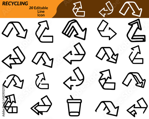 A clean recycling icon set with symbols like recycle arrows, bin, leaf, bottle, paper, compost, globe, and eco-hand—perfect for sustainability apps, environmental campaigns, and green branding.
