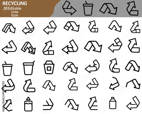 A clean recycling icon set with symbols like recycle arrows, bin, leaf, bottle, paper, compost, globe, and eco-hand—perfect for sustainability apps, environmental campaigns, and green branding.