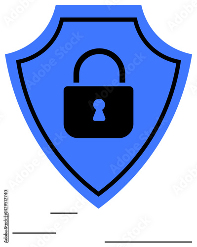 Blue shield enclosing black padlock signifies security, protection, and data privacy. Ideal for cybersecurity, protection, trust, data safety, antivirus security systems network safety. Flat simple