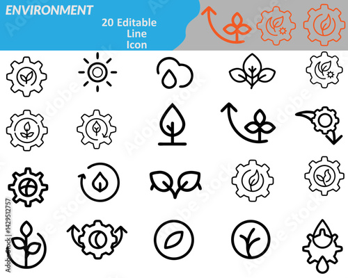 An environment icon set includes symbols like trees, recycling bins, water droplets, wind turbines, and Earth, representing sustainability, conservation, eco-friendly practices to protect the planet.
