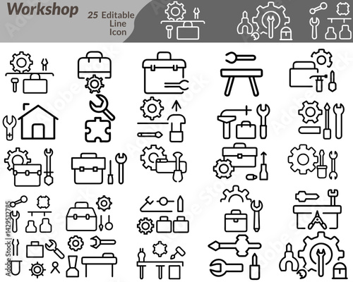 A Workshop icon set with icons featuring tools, gears, people, training, presentations, settings, and hands-on activities—ideal for education, events, mechanics, and DIY projects.