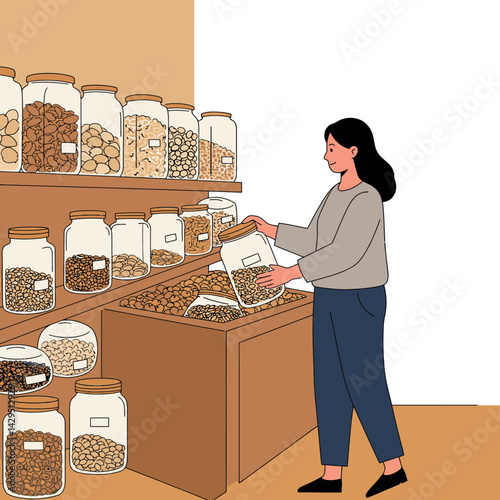 Woman Shopping Bulk Dry Food Nuts and Grains in Reusable Jars for Sustainable Lifestyle 