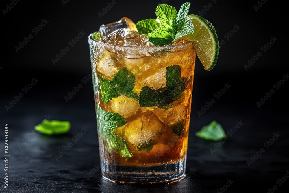 Refreshing Iced Beverage with Mint and Lime Garnish in a Glass Refreshing Iced Beverage with Mint and Lime Garnish in a Glass