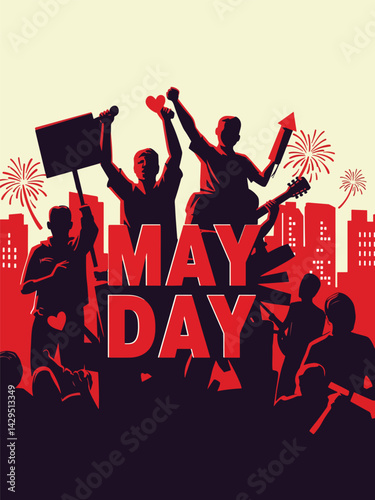 Bold and dynamic illustration celebrating May Day and Labour Day, featuring silhouetted figures in a powerful demonstration, set against a city skyline. Conveys the spirit of protest, unity