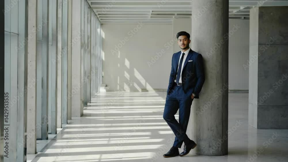Handsome man in pinstripe suit standing in modern building hallway with concrete pillars and windows Handsome man in pinstripe suit standing in modern building hallway with concrete pillars and windows