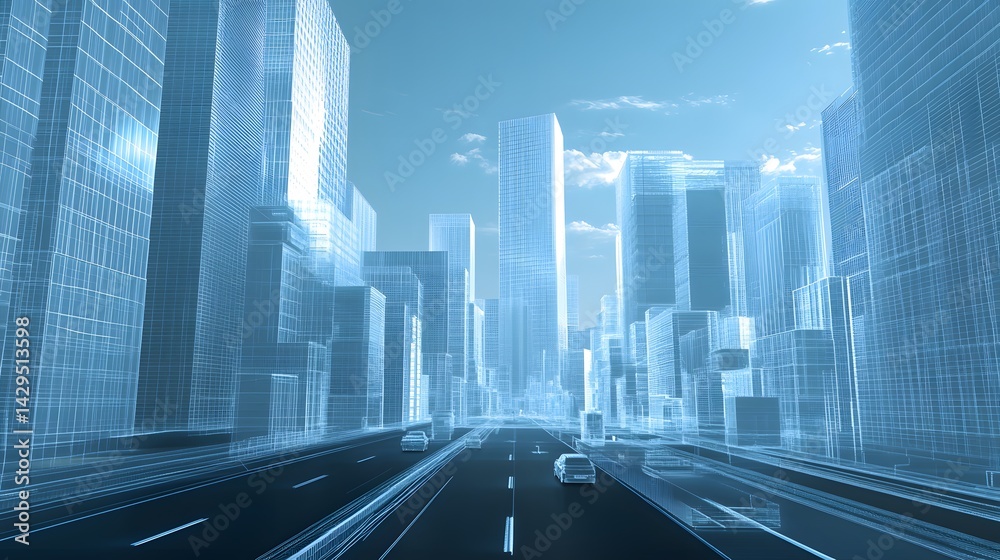 Fototapeta premium A futuristic city skyline with sleek skyscrapers towers over a bustling highway, illustrating modern urban life and advanced technology in architecture.
