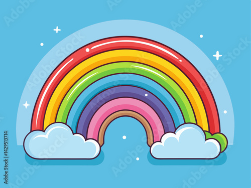A whimsical vector of a minimal rainbow with soft tones, placed on a baby blue background