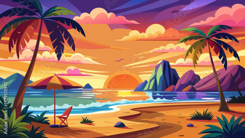 A beach scene with a sunset in the background