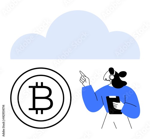 Woman holding a clipboard, pointing at a cloud above a Bitcoin coin. Ideal for cryptocurrency, cloud storage, blockchain technology, digital economy, decentralized finance, data innovation, flat