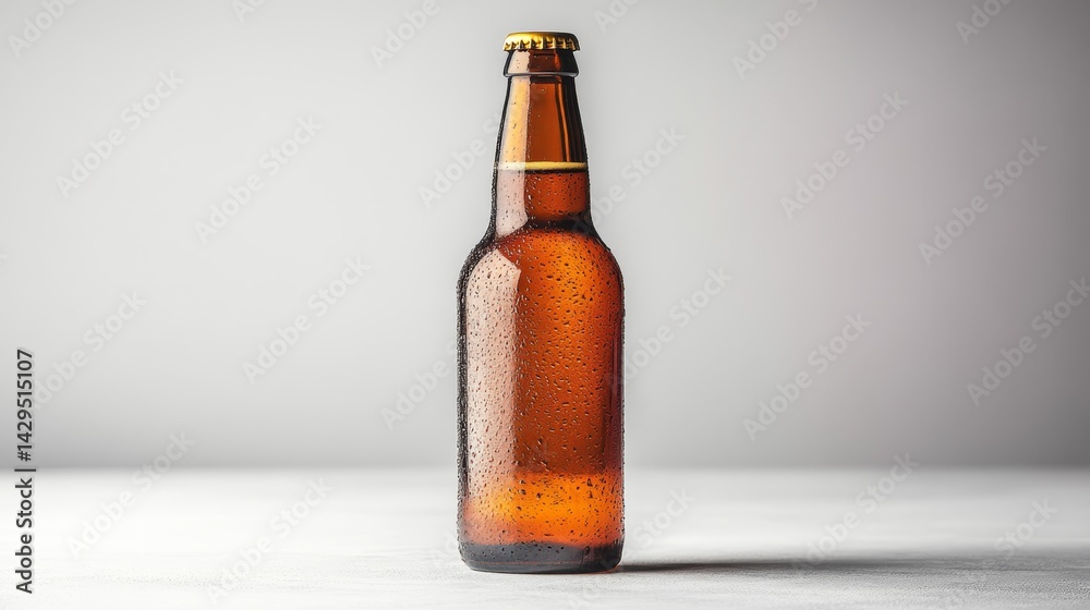 Cold amber beer bottle with condensation droplets on light background surface. Cold amber beer bottle with condensation droplets on light background surface.