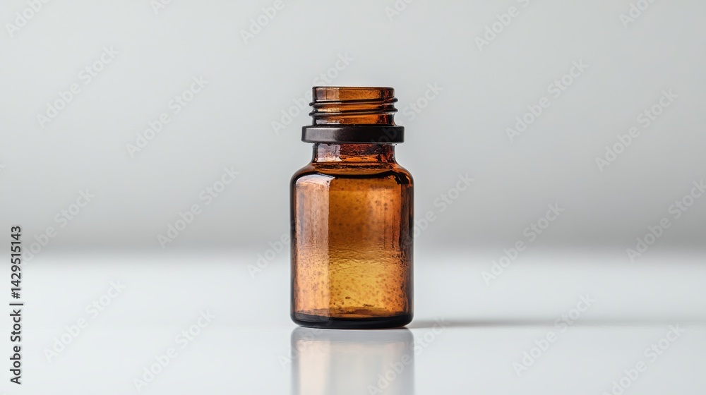 Amber glass dropper bottle with black lid on reflective surface background. Amber glass dropper bottle with black lid on reflective surface background.