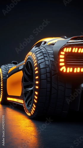 Futuristic sports car, rear view, illuminated tires, dark studio