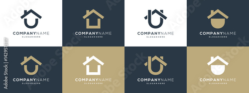 Collection letter U with house logo vector ideas. Luxury icons minimalist illustration template.