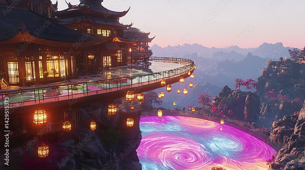 Fototapeta premium Mountaintop Asian resort with infinity pool