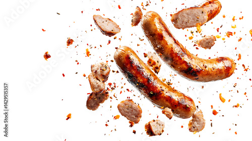 Two hot dogs are flying through the air with bits of meat and seasoning