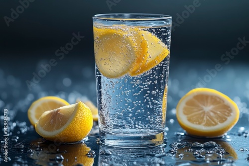 Refreshing Lemon Sparkling Water in a Glass with Ice Cubes and Slices of Citrus for Healthy Bev