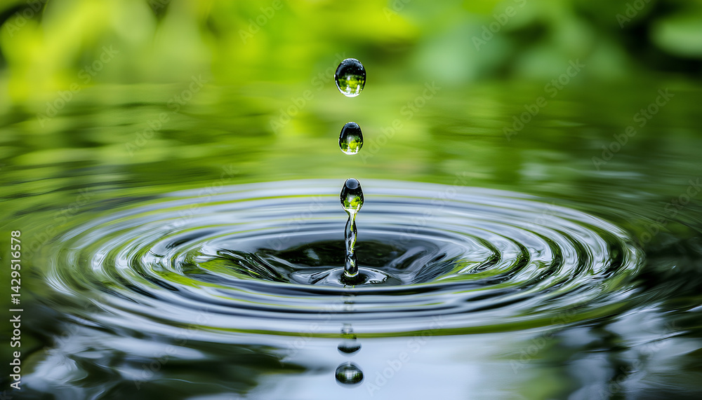 Water drop falling from green leaf with dew into water outdoors, closeup Water drop falling from green leaf with dew into water outdoors, closeup