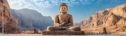 A majestic Buddha statue sits peacefully amidst a serene desert landscape, bathed in sunlight. The weathered statue radiates tranquility, inviting viewers to contemplate the vastness of existence
