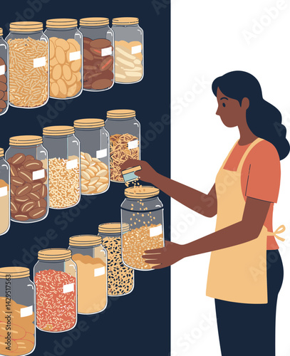 Woman organizing jars with different grains and legumes in kitchen pantry vector illustration 