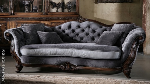 Ornate, dark-wood loveseat with tufted gray upholstery.
