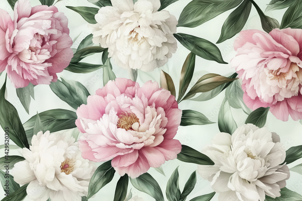 Obraz premium Pink and white peony flower, mint color leaf, wallpaper, mural art, background, interior decor