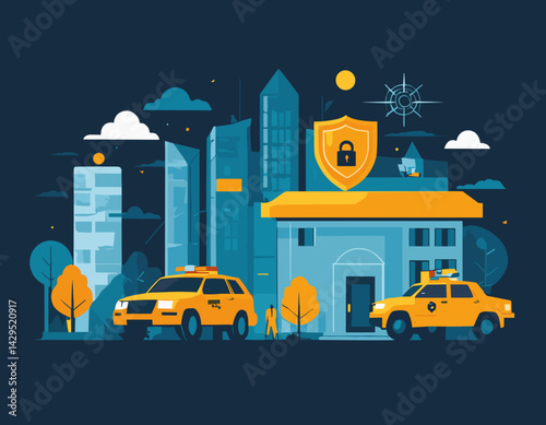 Virtual Security Patrol: Cybersecurity Vector Scene