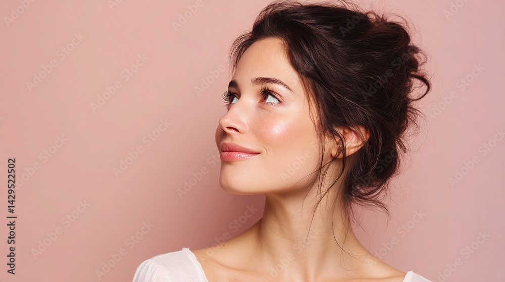 Fototapeta premium Radiant Brunette Model with Glossy Skin Looking Up Against Background